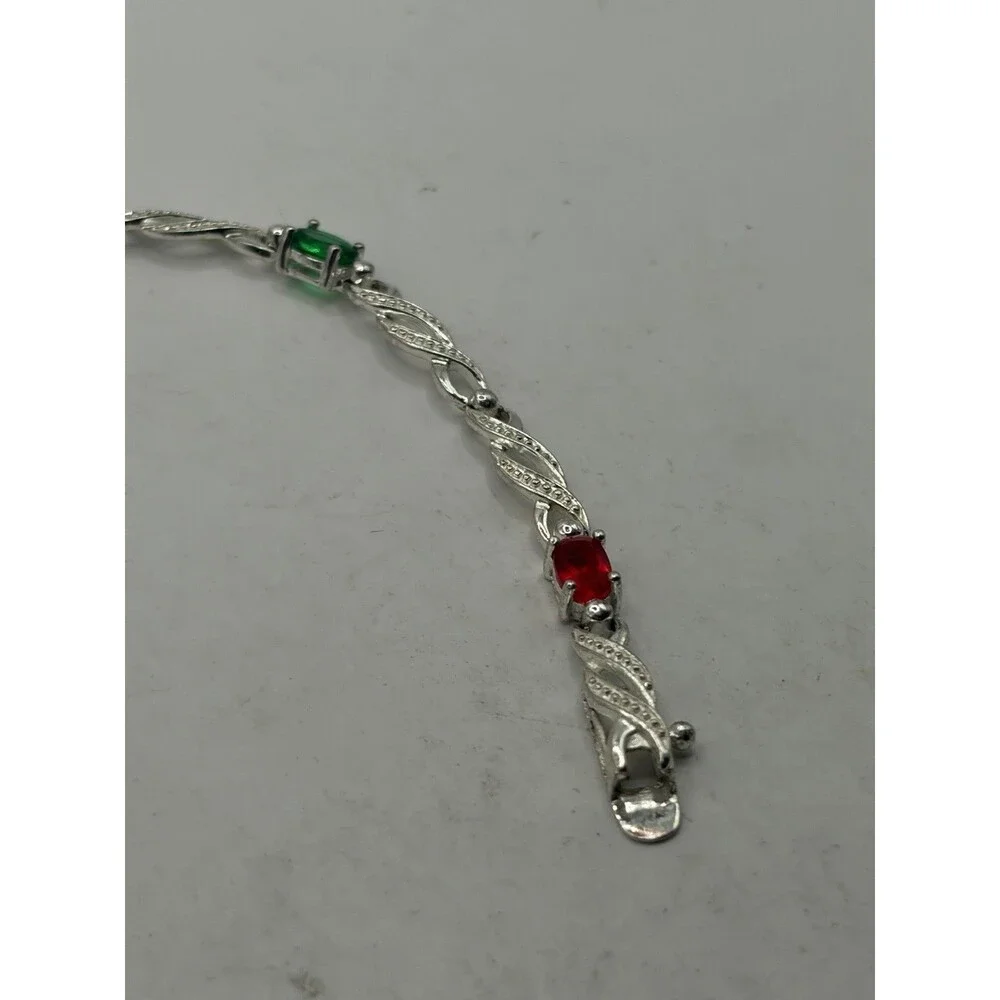 Sterling Silver  Multi-5. Colored Gemstone Link tennis Bracelet 925 7